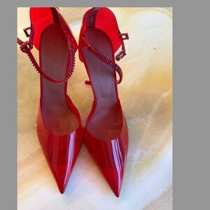 Amina Muaddi Red Patent Slingback Heels Crystal Strap